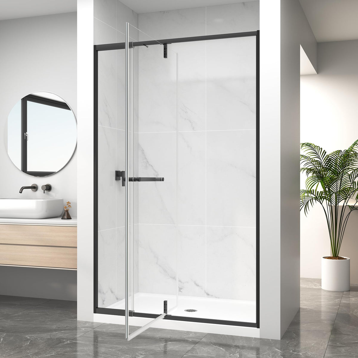LANDOLT 42–48 in. W × 72 in. H Semi-Frameless Pivot Shower Door in Matte Black — Model LD-SD-061