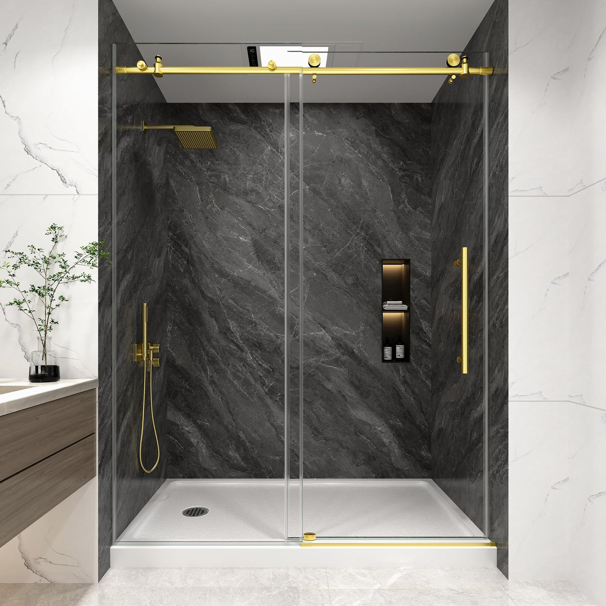 LANDOLT 55–60 in. W × 76 in. H Frameless Sliding Shower Door in Brushed Gold — Model LD-SD-039