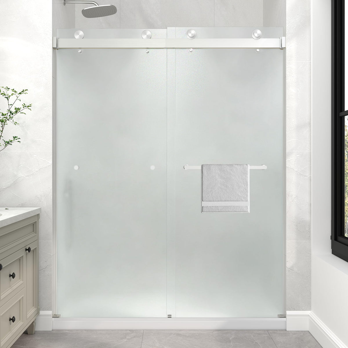 LANDOLT 43–48 in. W × 76 in. H Frameless Double Sliding Shower Door in Brushed Nickel — Model LD-SD-041