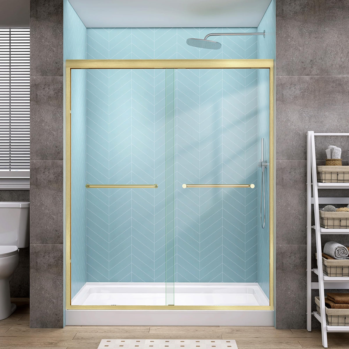 LANDOLT 56–60 in. W × 72 in. H Semi-Frameless Double Sliding Shower Door in Brushed Gold — Model LD-SD-007