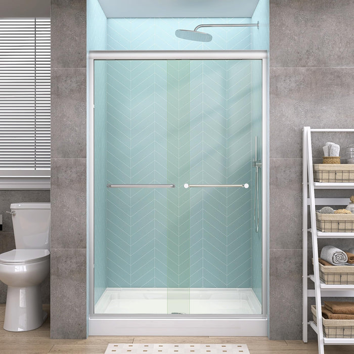 LANDOLT 44–48 in. W × 72 in. H Semi-Frameless Double Sliding Shower Door in Brushed Nickel — Model LD-SD-009