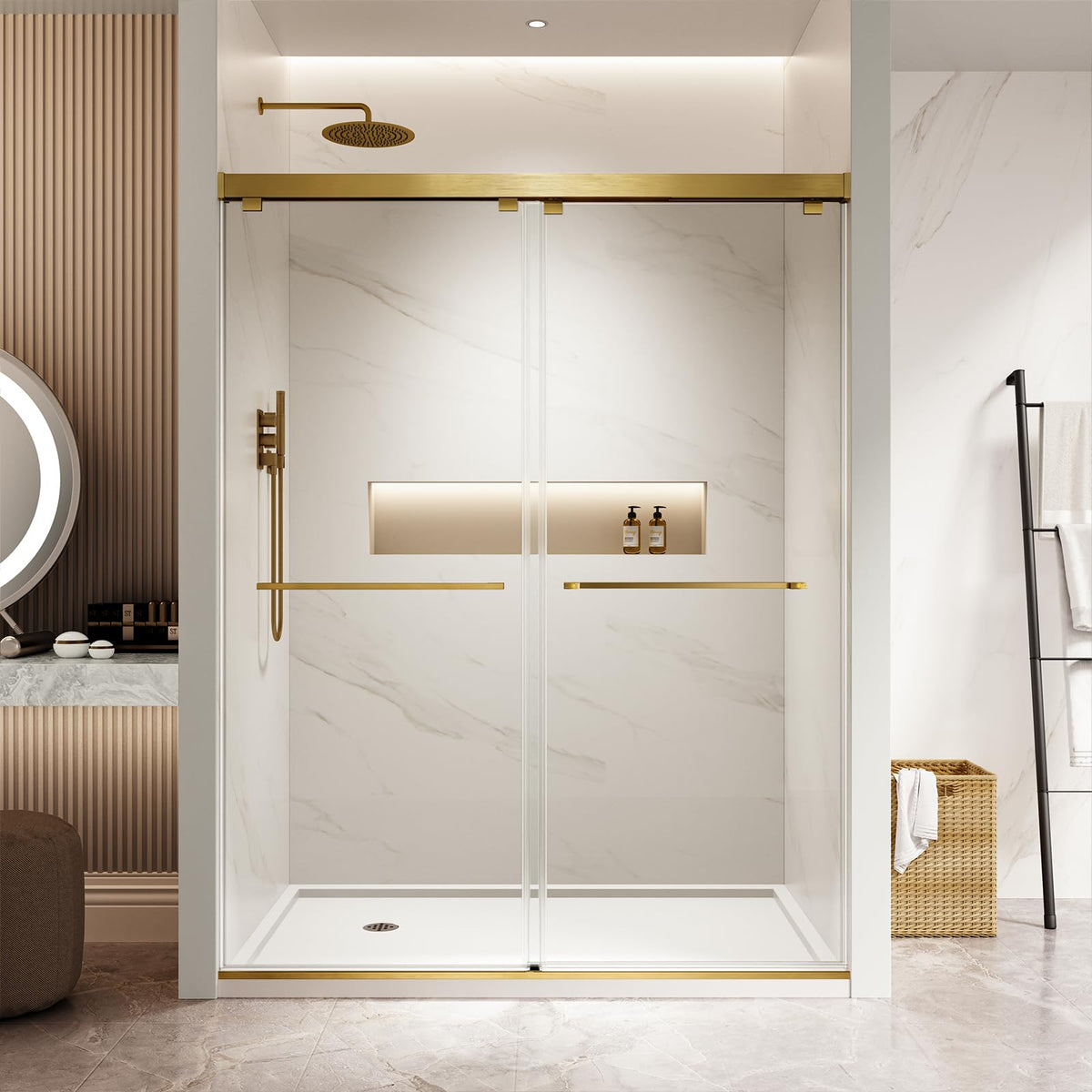LANDOLT 44–48 in. W × 76 in. H Frameless Double Sliding Shower Door in Gold — Model LD-SD-018