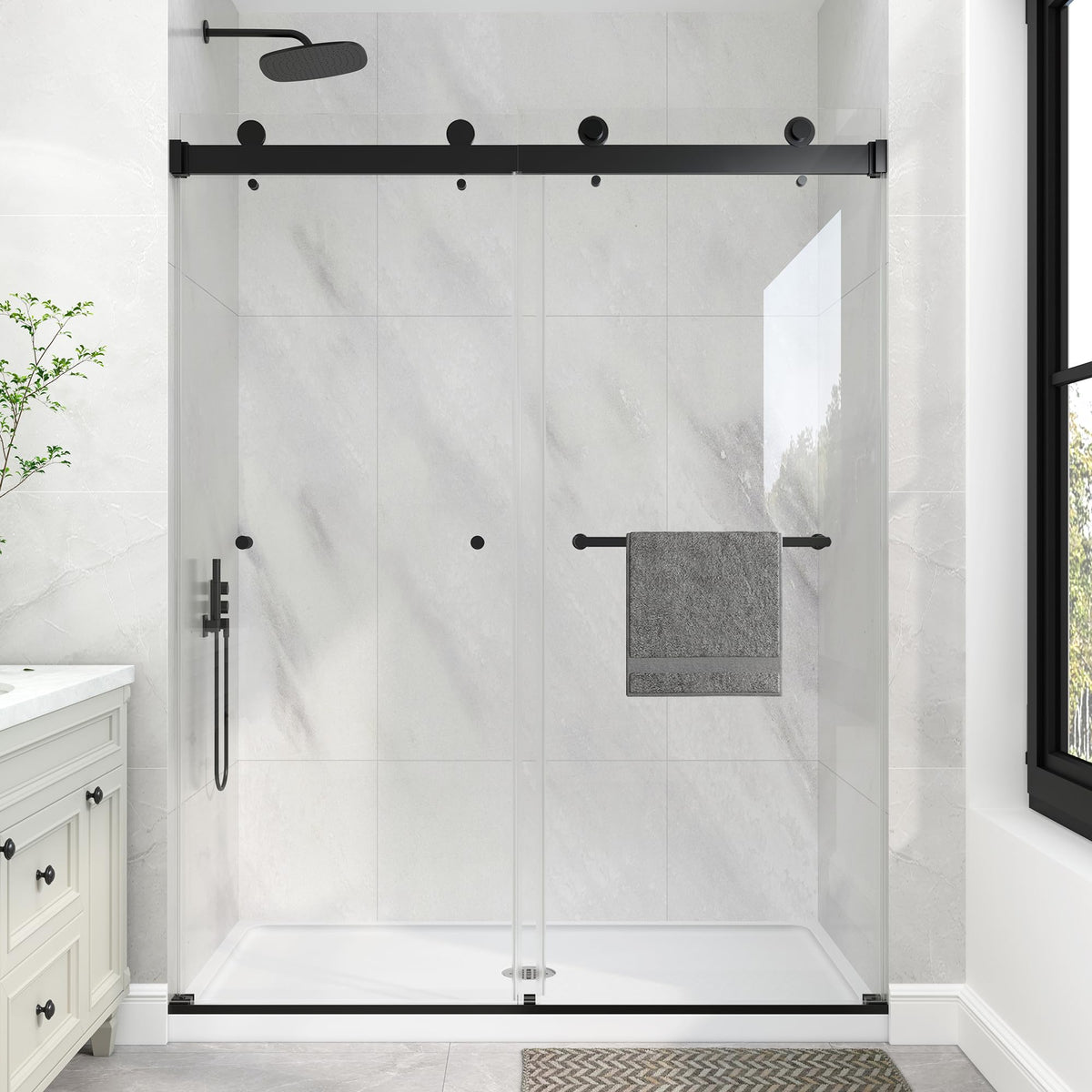 LANDOLT 55–60 in. W × 76 in. H Frameless Double Sliding Shower Door in Matte Black — Model LD-SD-051