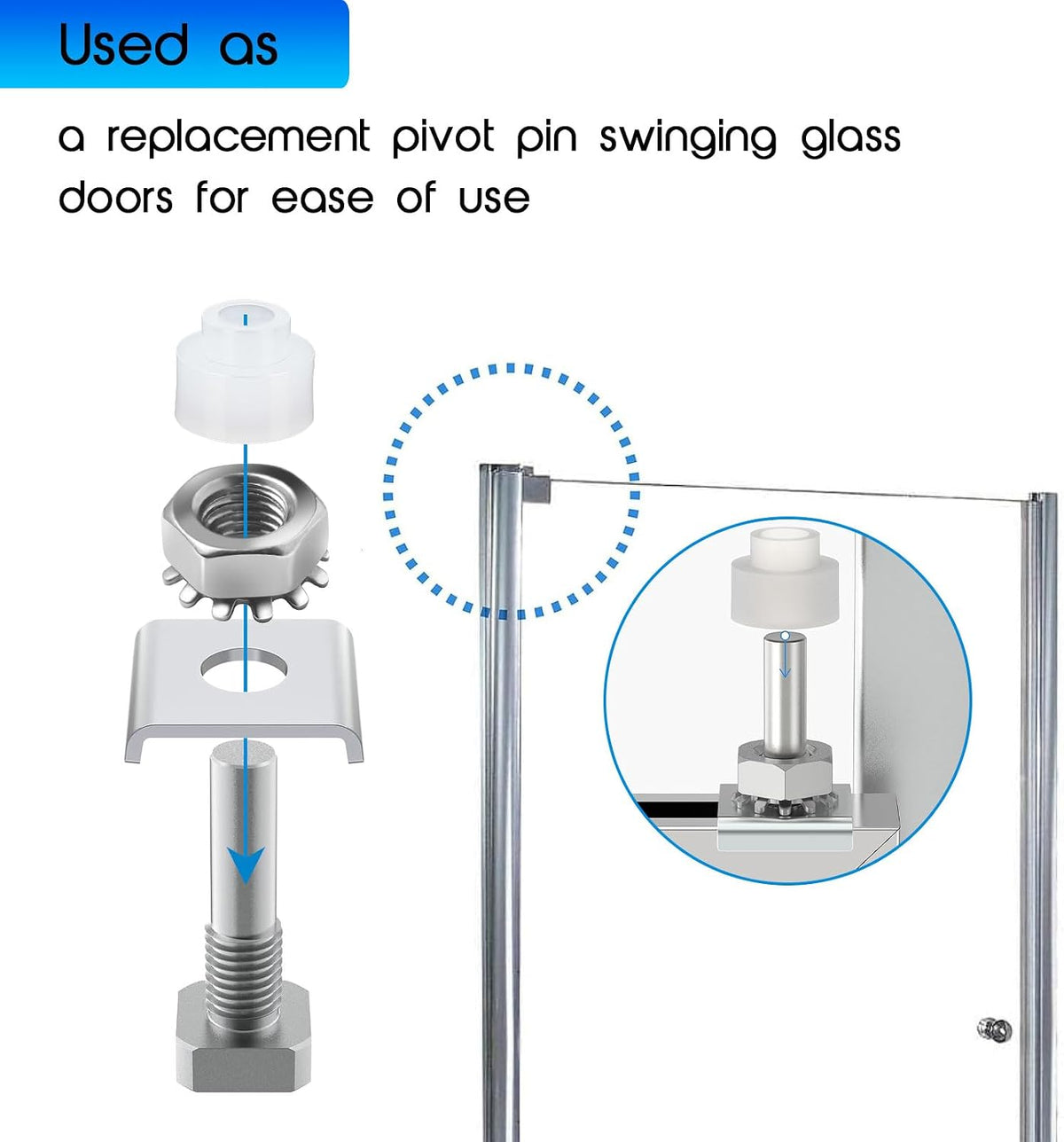 Shower door pivot repair components with pins and bushings - detail 4