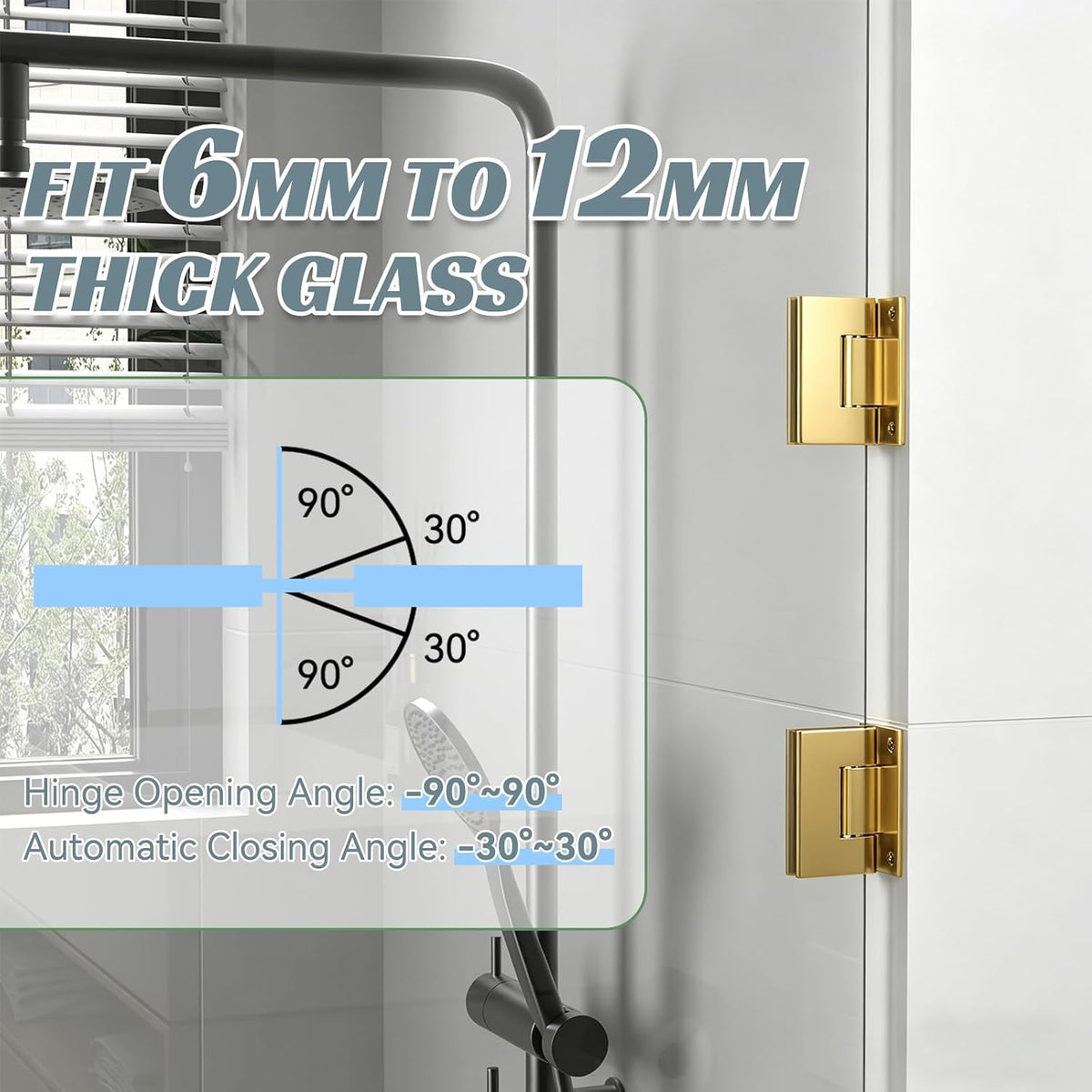 Brushed gold shower door hardware set with hinges, glass clamps and handles - detail 3