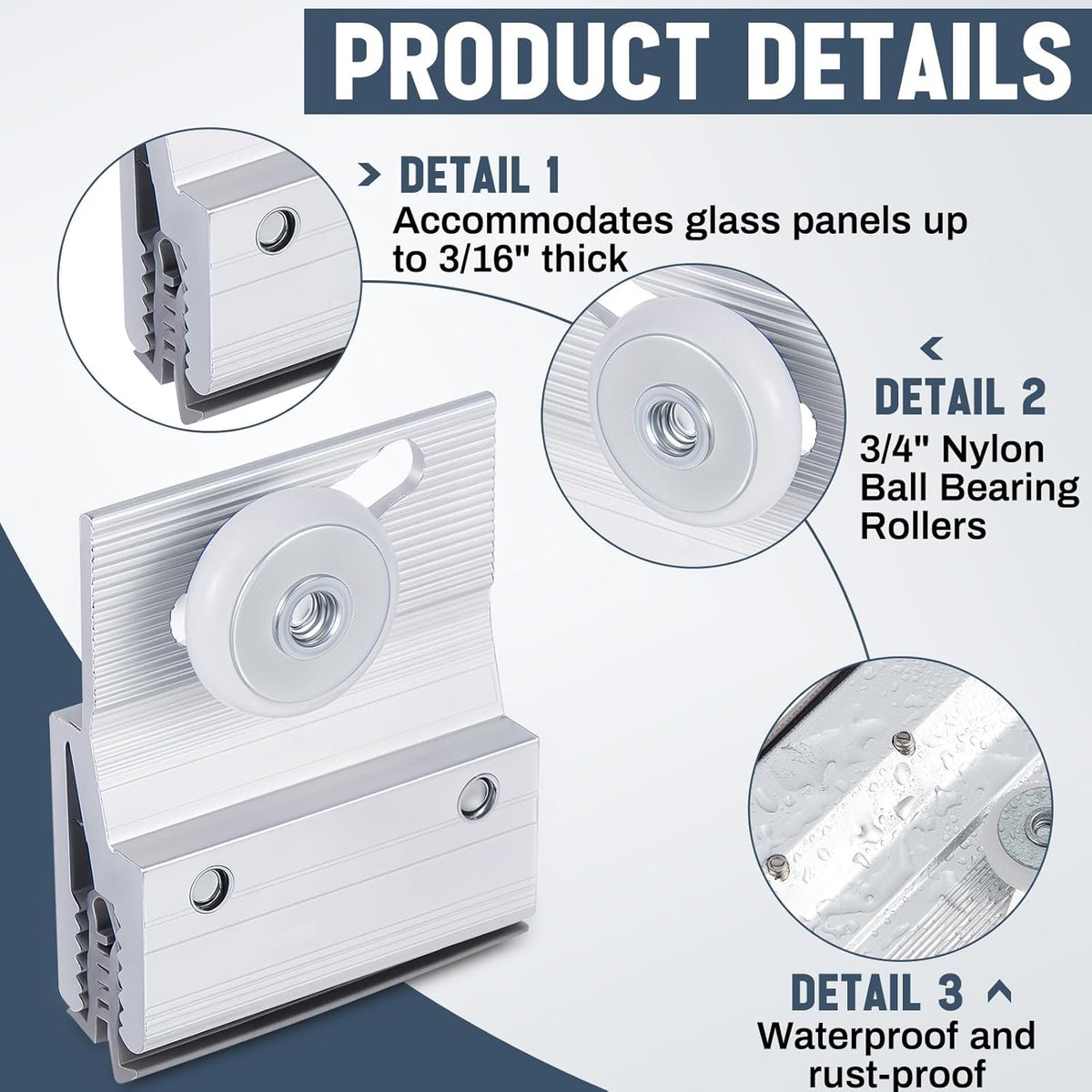 Four chrome-finished frameless shower door clamp-on top roller assemblies - detail 2