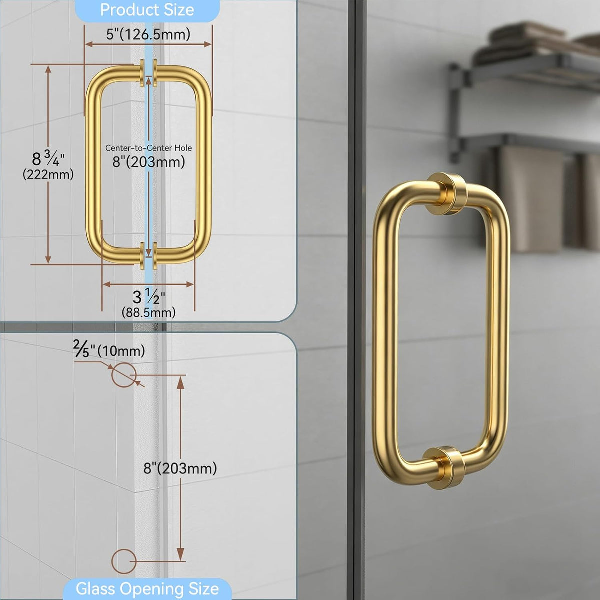 Brushed gold shower door hardware set with hinges, glass clamps and handles - detail 4