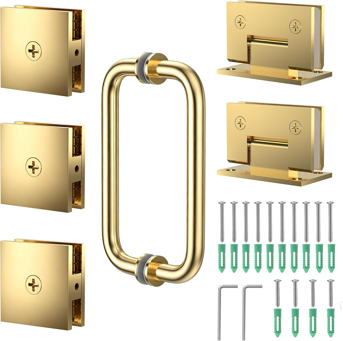 Brushed gold shower door hardware set with hinges, glass clamps and handles