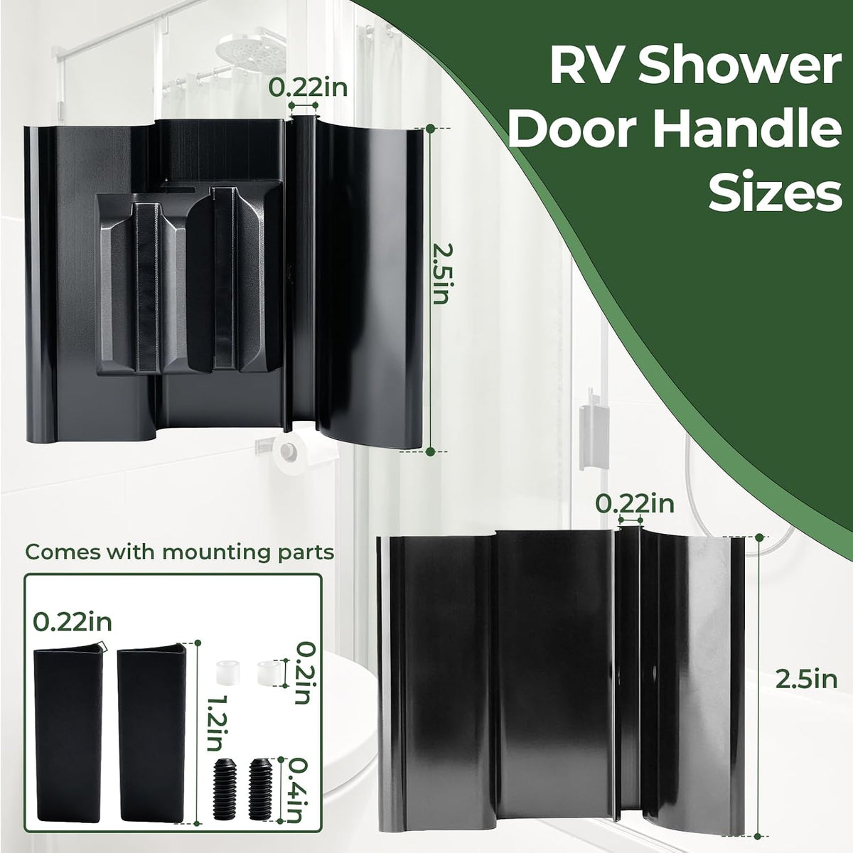 Black RV Tri-Slide shower door handle assembly with fixing hardware - detail 1