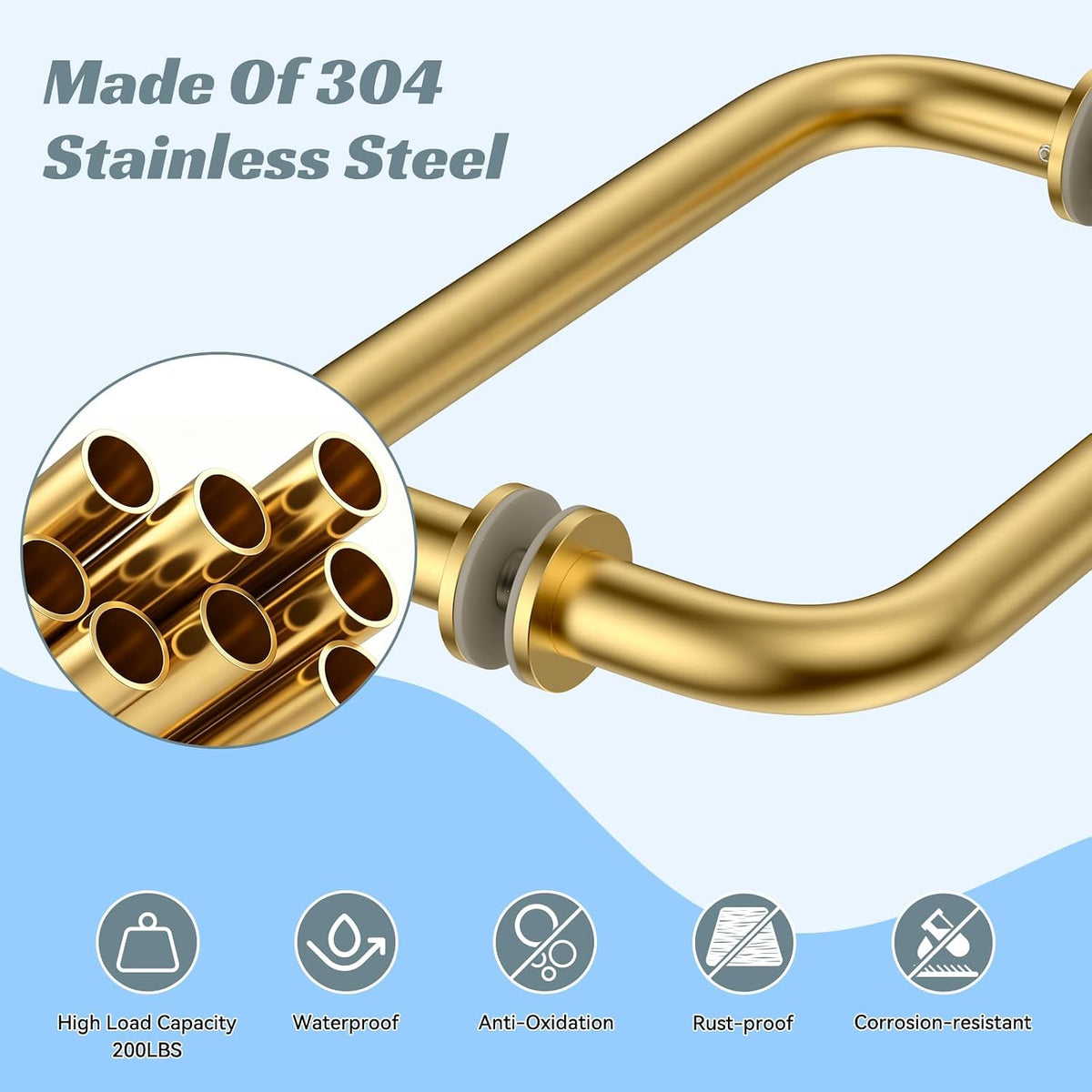 Brushed gold shower door hardware set with hinges, glass clamps and handles - detail 1