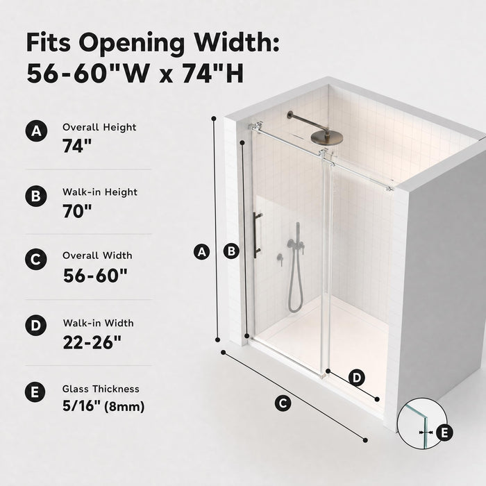 LANDOLT 56–60 in. W × 74 in. H Frameless Double Sliding Shower Door in Brushed Nickel — Model LD-SD-020