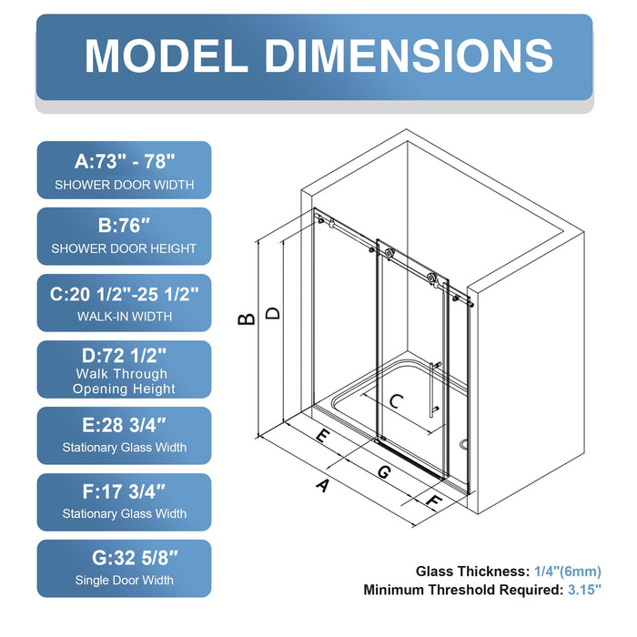 LANDOLT 73–78 in. W × 76 in. H Frameless Sliding Shower Door in Oil-Rubbed Bronze — Model LD-SD-040