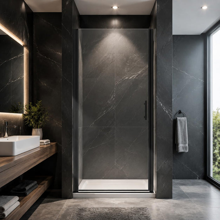 LANDOLT 34–35 in. W × 72 in. H Frameless Pivot Shower Door in Matte Black — Model LD-SD-058