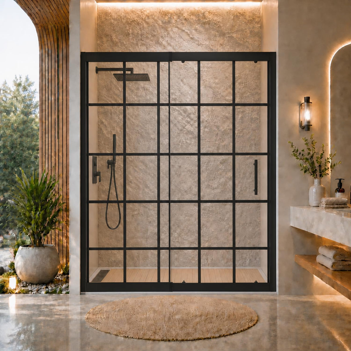 LANDOLT 56–60 in. W × 72 in. H Retractable Sliding Shower Door in Matte Black — Model LD-SD-080
