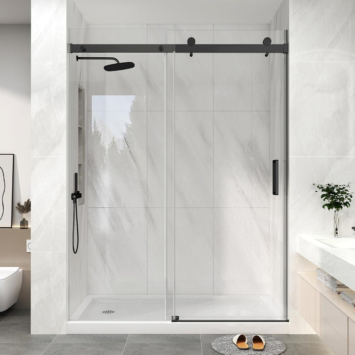 LANDOLT matte black frameless sliding shower door with clear glass in a bright modern bathroom