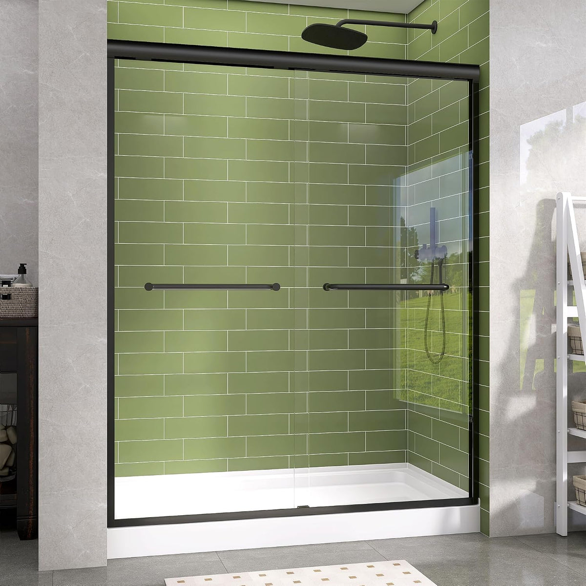 LANDOLT matte black semi-frameless double sliding shower door with clear glass in a green-tiled bathroom