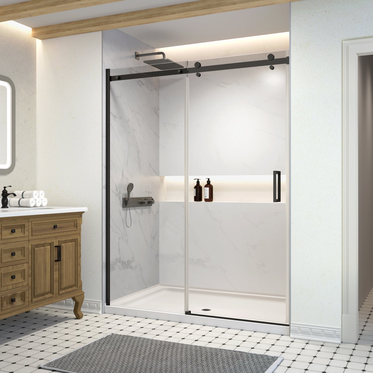 Frameless glass opening in a neutral bathroom