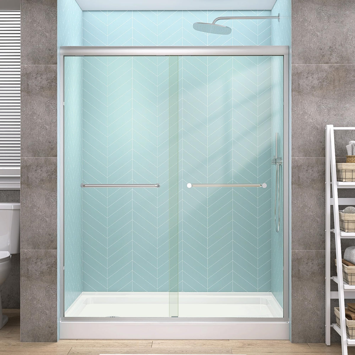 LANDOLT 56–60 in. W × 75 in. H Semi-Frameless Double Sliding Shower Door in Brushed Nickel — Model LD-SD-005