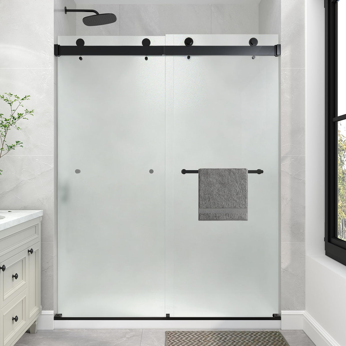 LANDOLT 55–60 in. W × 76 in. H Frameless Double Sliding Shower Door in Matte Black — Model LD-SD-028