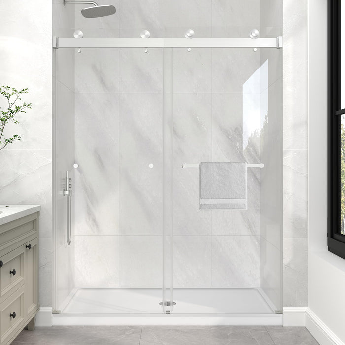 LANDOLT 55–60 in. W × 76 in. H Frameless Double Sliding Shower Door in Brushed Nickel — Model LD-SD-031