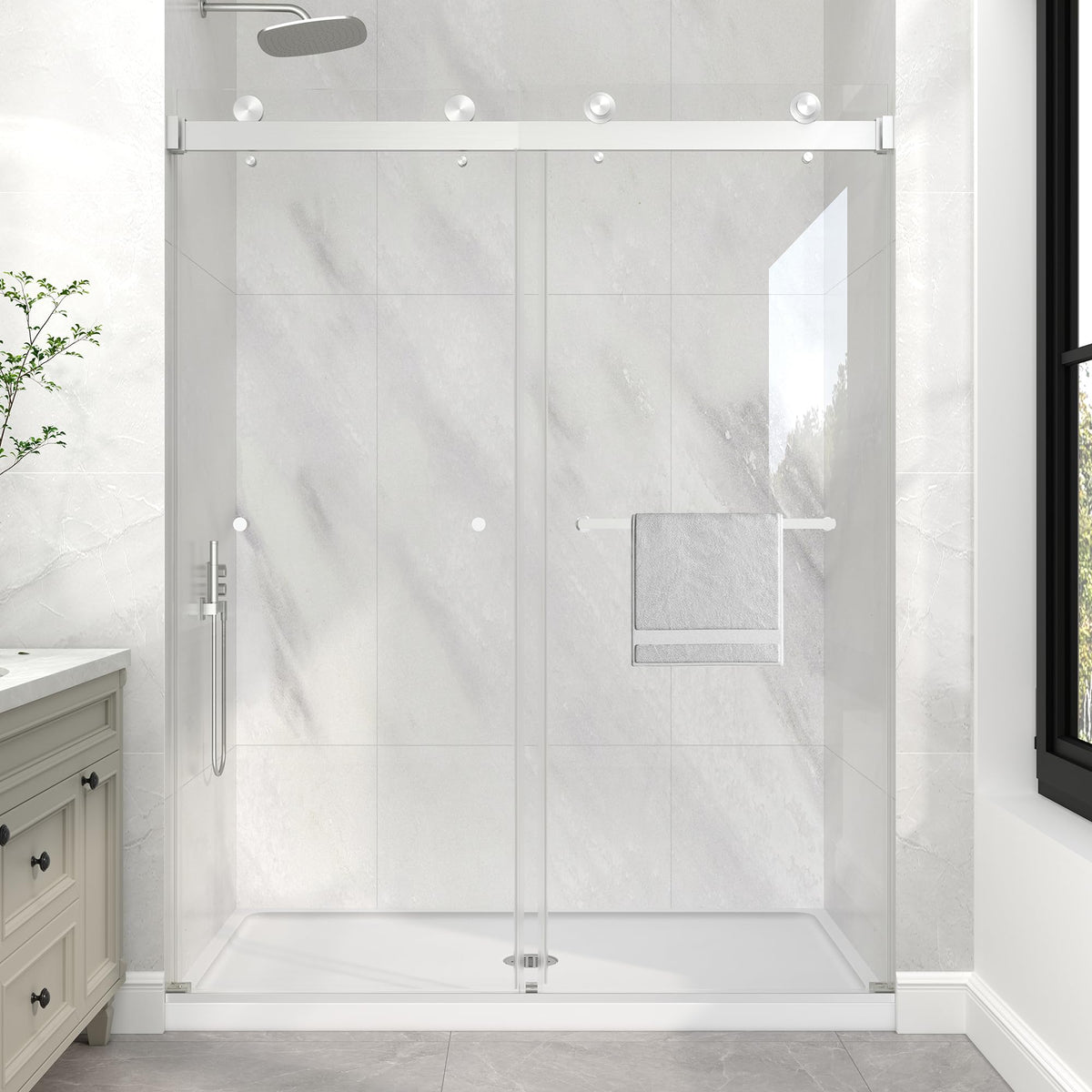 LANDOLT 55–60 in. W × 76 in. H Semi-Frameless Double Sliding Shower Door in Brushed Nickel — Model LD-SD-076