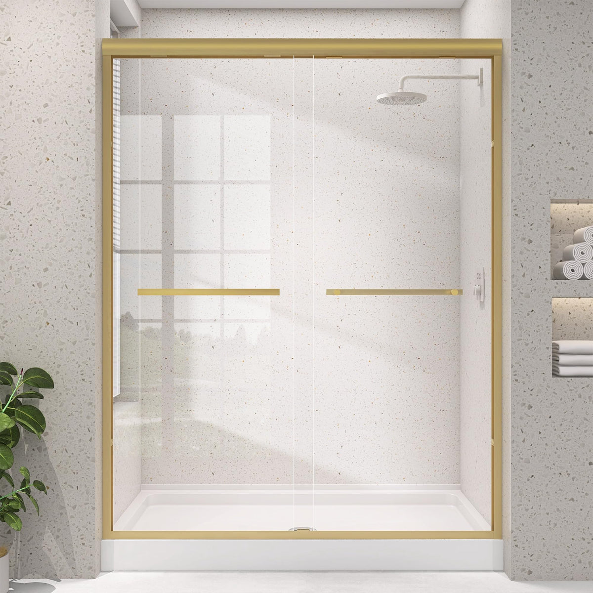 LANDOLT 56–60 in. W × 75 in. H Semi-Frameless Double Sliding Shower Door in Brushed Gold — Model LD-SD-006