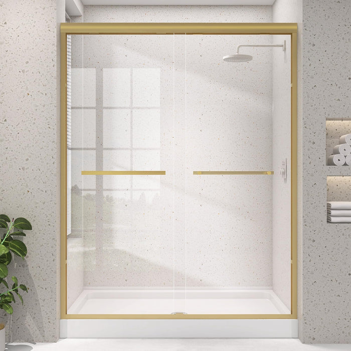 LANDOLT 56–60 in. W × 75 in. H Semi-Frameless Double Sliding Shower Door in Brushed Gold — Model LD-SD-006