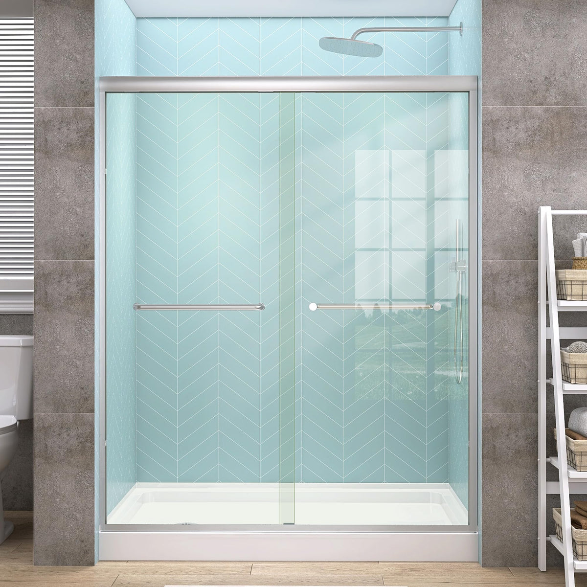 LANDOLT 56–60 in. W × 72 in. H Semi-Frameless Double Sliding Shower Door in Brushed Nickel — Model LD-SD-008