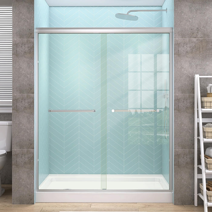 LANDOLT 56–60 in. W × 72 in. H Semi-Frameless Double Sliding Shower Door in Brushed Nickel — Model LD-SD-008
