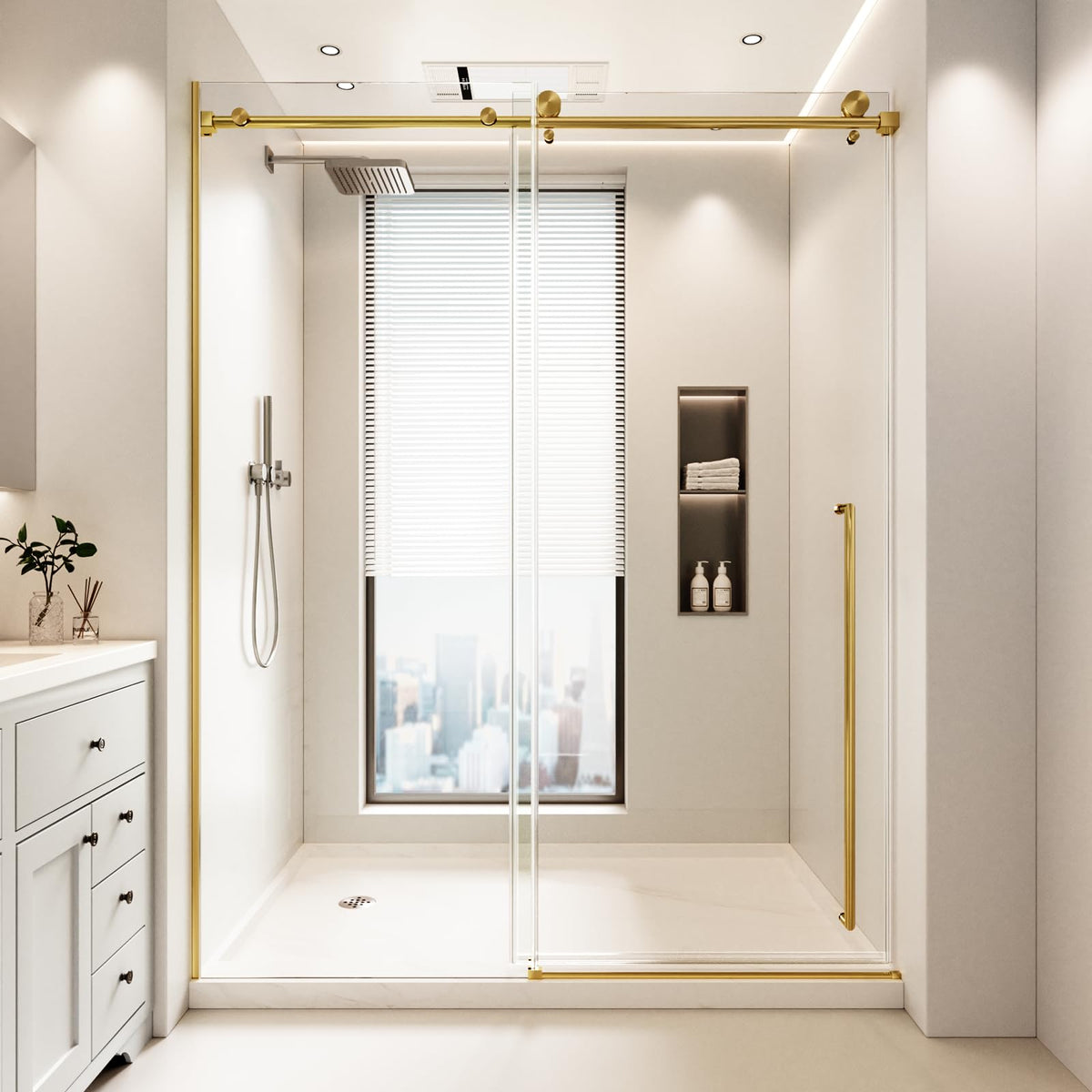 LANDOLT 56–60 in. W × 76 in. H Frameless Sliding Shower Door in Brushed Gold — Model LD-SD-046