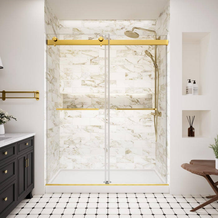 LANDOLT 56–60 in. W × 74 in. H Frameless Double Sliding Shower Door in Brushed Gold — Model LD-SD-049