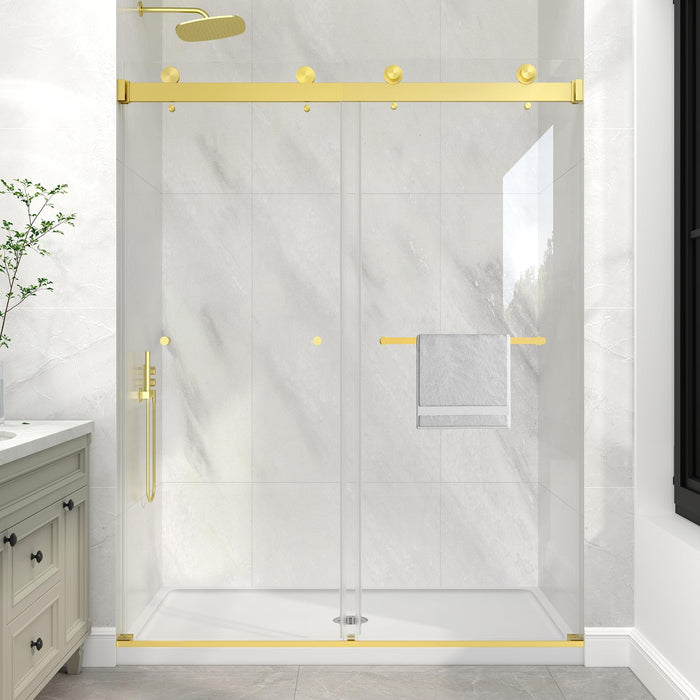 LANDOLT 55–60 in. W × 76 in. H Frameless Double Sliding Shower Door in Brushed Gold — Model LD-SD-050
