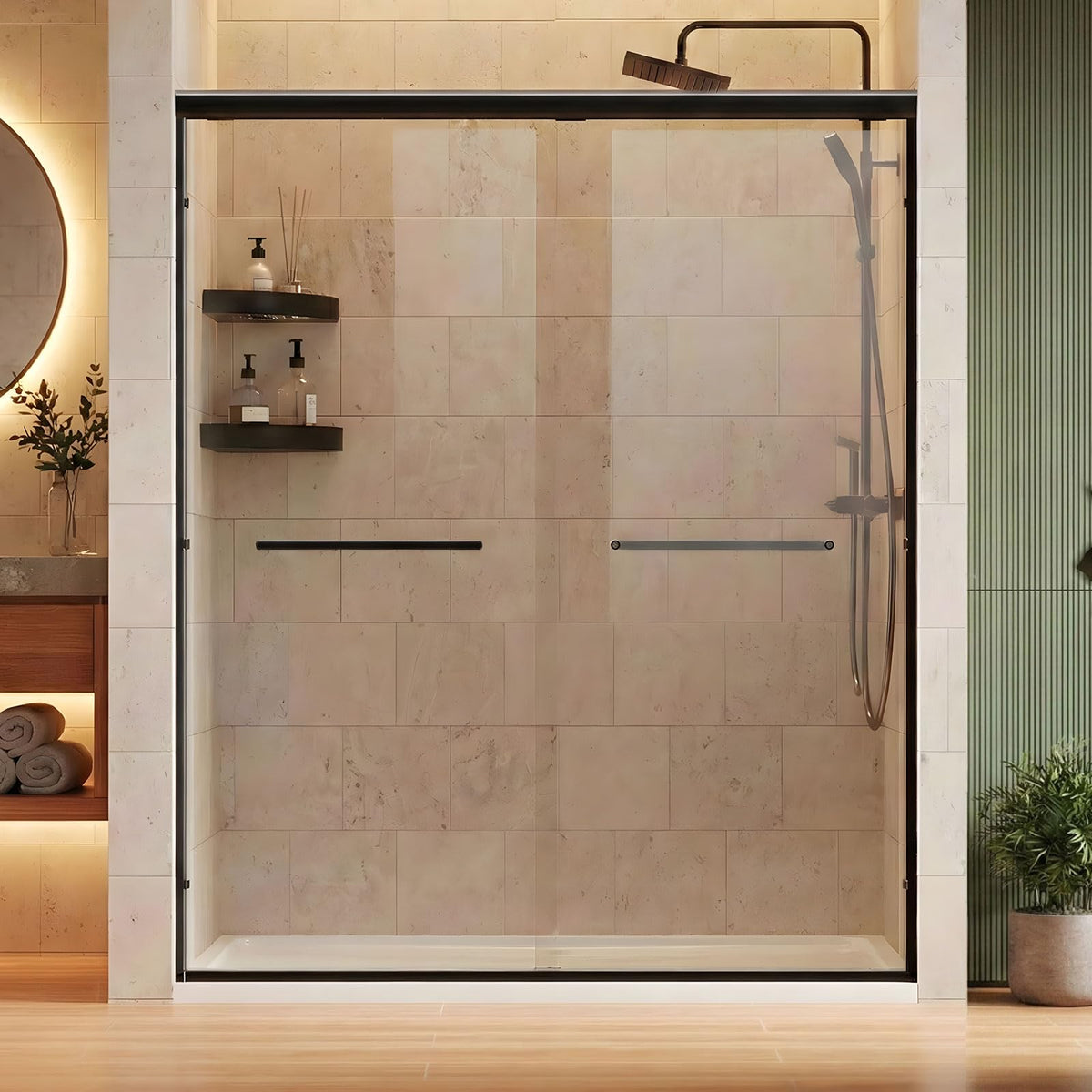 LANDOLT 50–54 in. W × 72 in. H Semi-Frameless Double Sliding Shower Door in Matte Black — Model LD-SD-021
