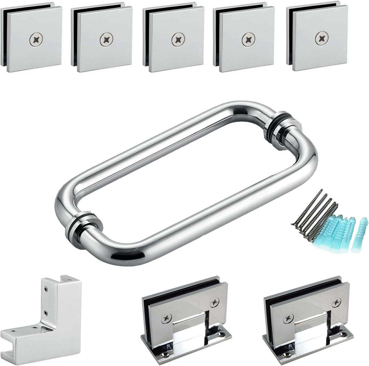 Chrome corner shower door hardware kit with hinges, clamps, connector and pull handle