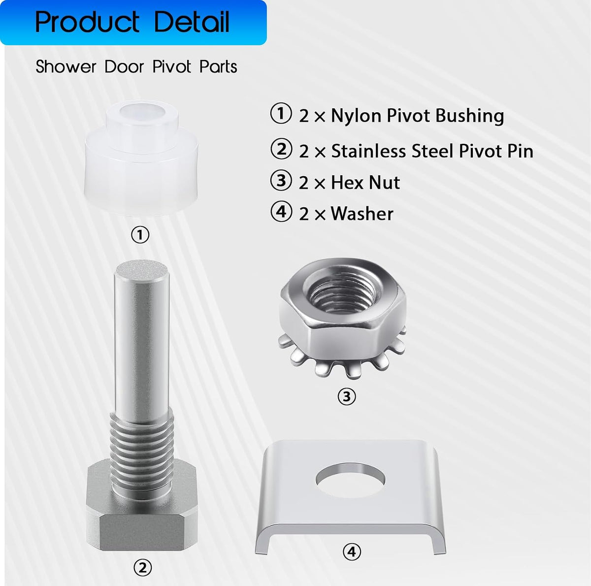 Shower door pivot repair components with pins and bushings - detail 3