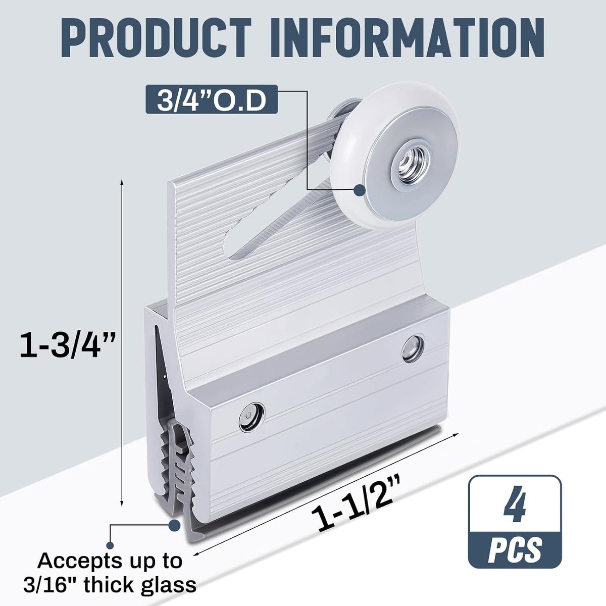Four chrome-finished frameless shower door clamp-on top roller assemblies - detail 1