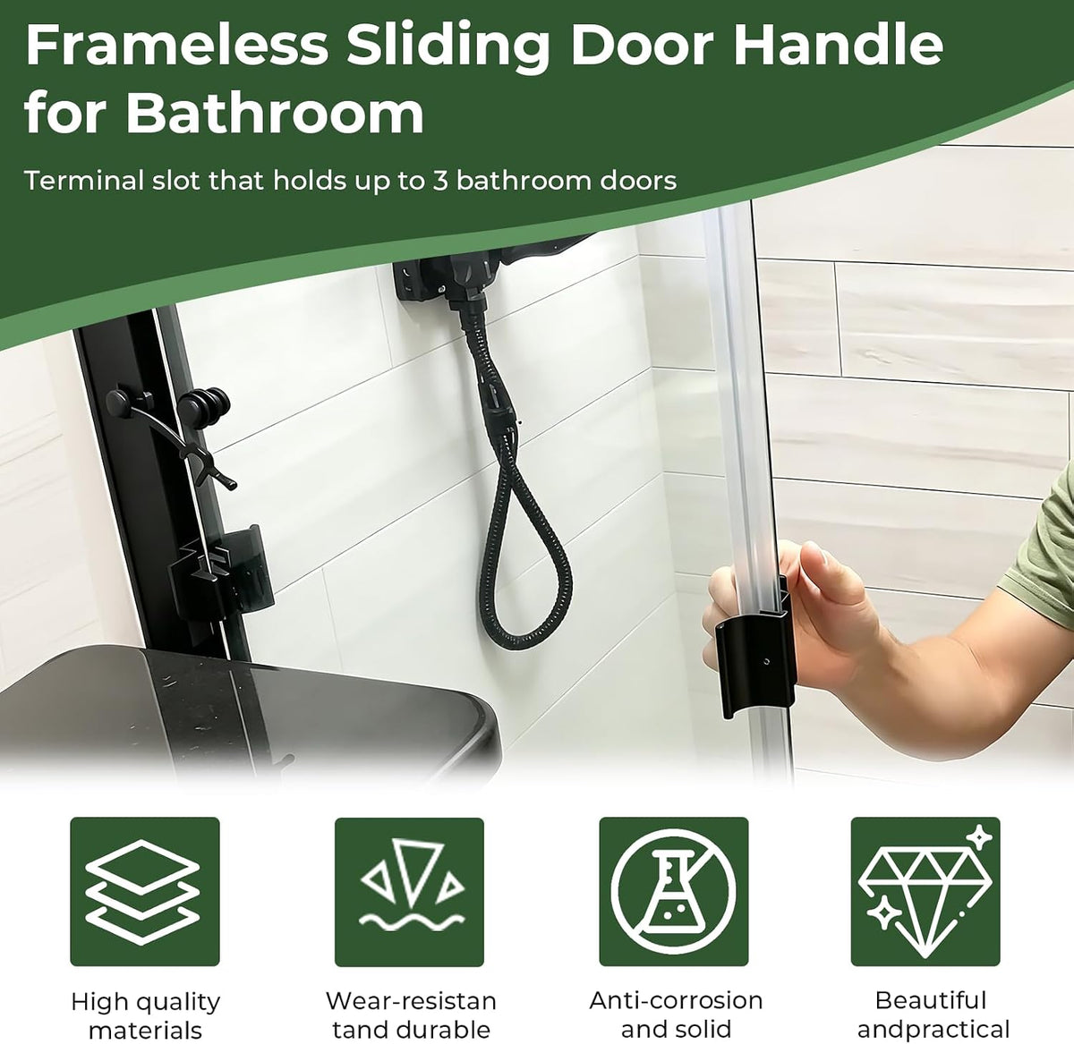 Black RV Tri-Slide shower door handle assembly with fixing hardware - detail 4
