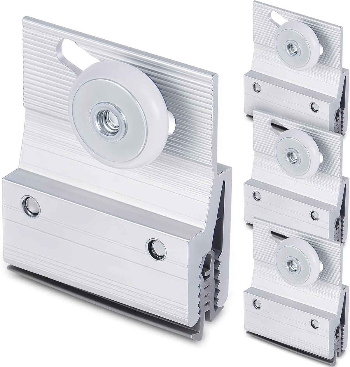 Four chrome-finished frameless shower door clamp-on top roller assemblies