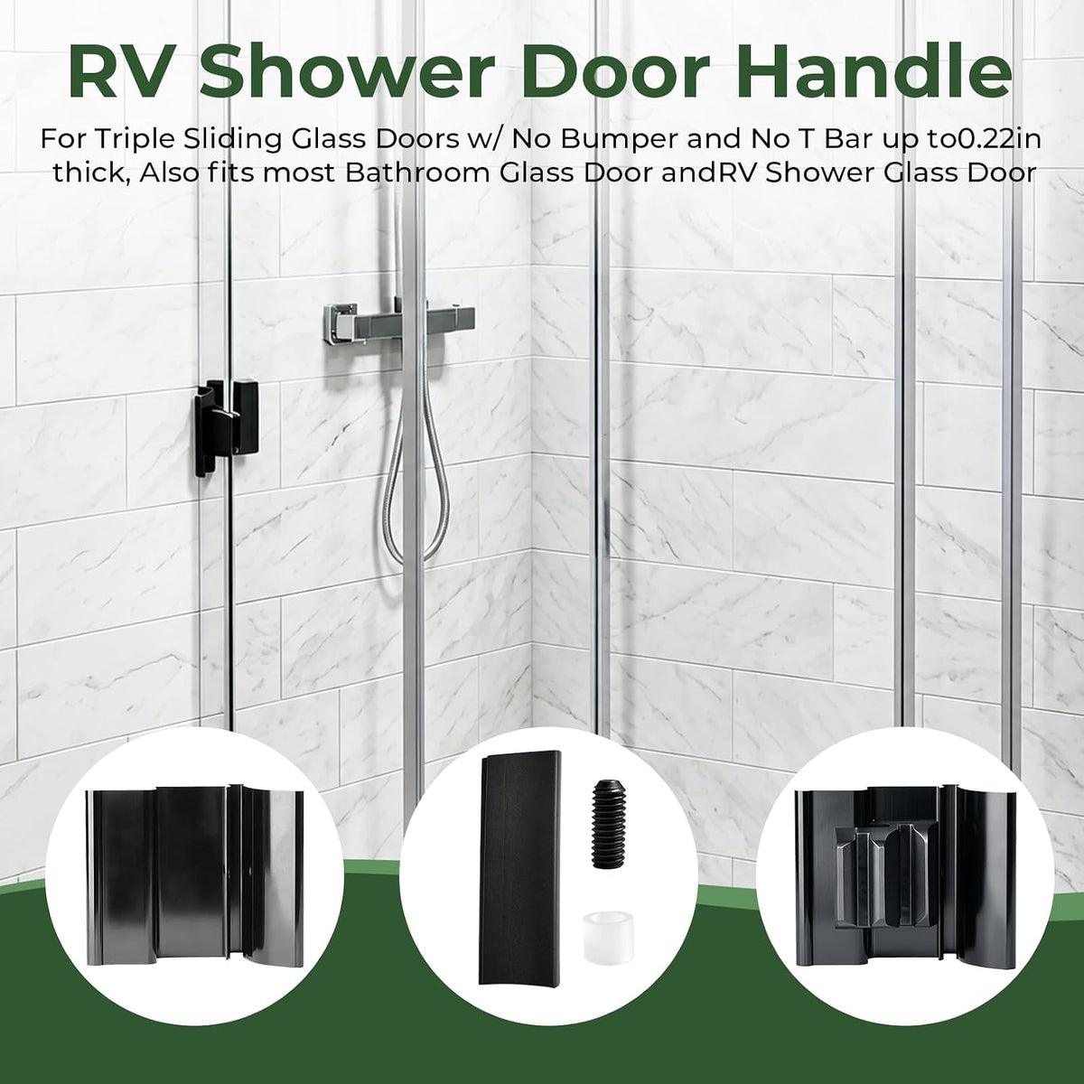 Black RV Tri-Slide shower door handle assembly with fixing hardware - detail 5