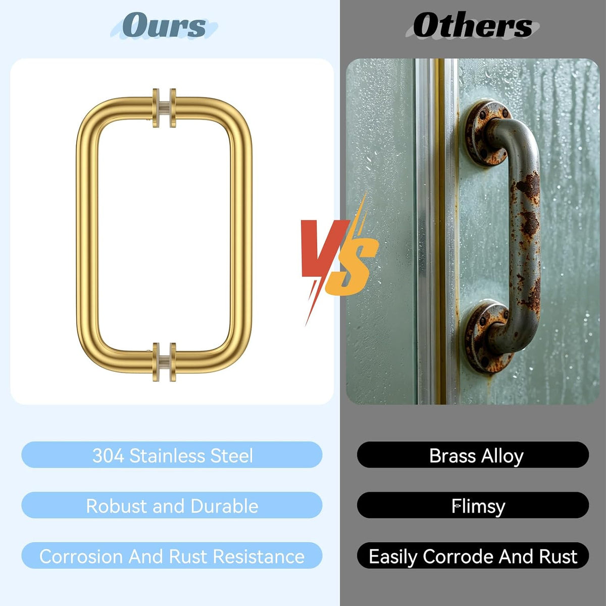 Brushed gold shower door hardware set with hinges, glass clamps and handles - detail 2