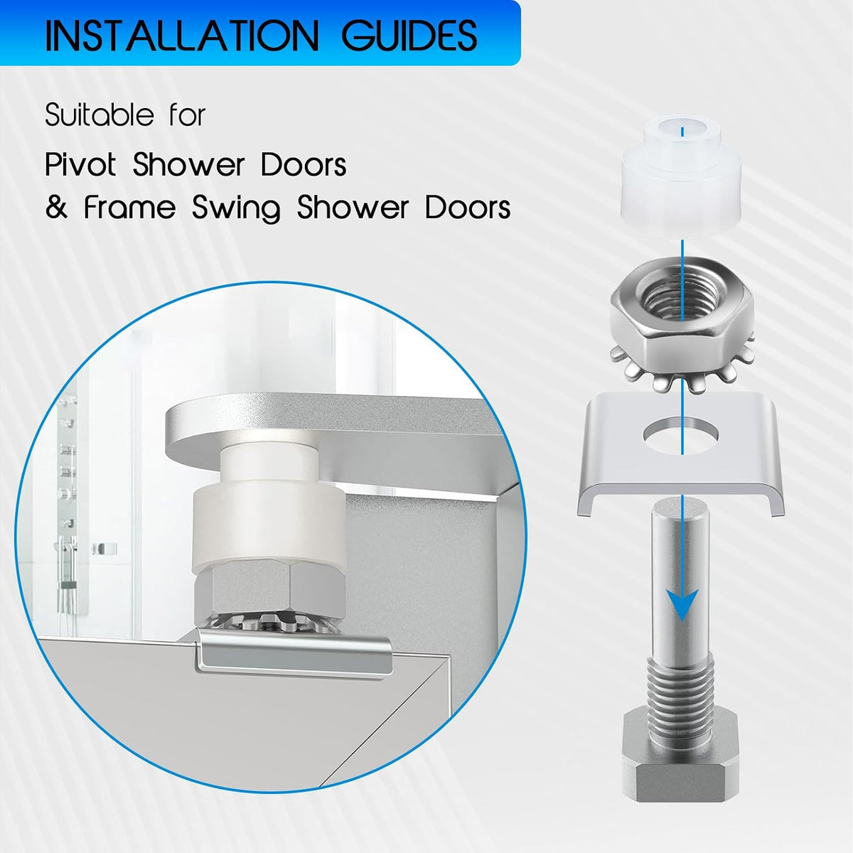 Shower door pivot repair components with pins and bushings - detail 1