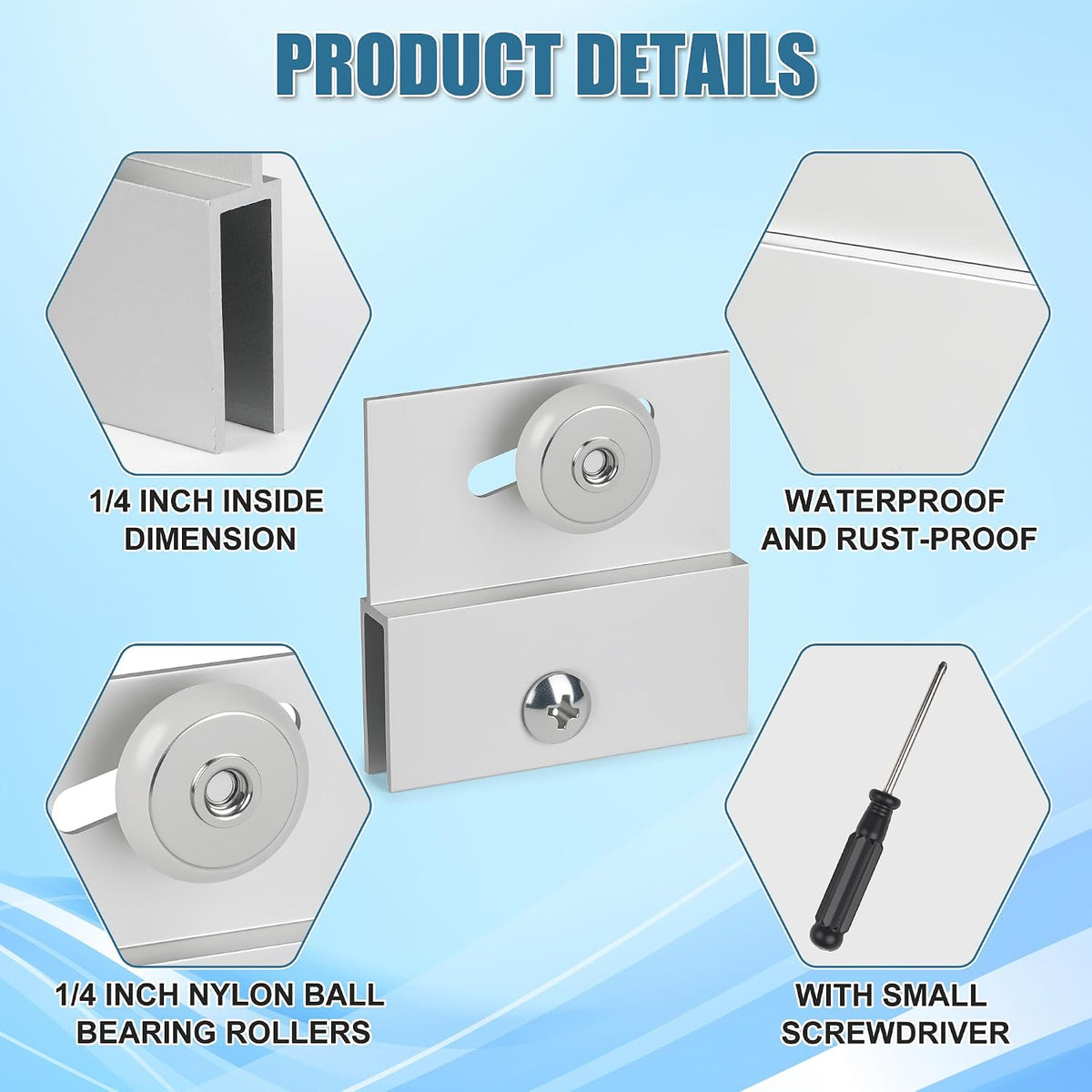 Four chrome aluminum shower door top bracket roller assemblies with 3/4 inch wheels - detail 2