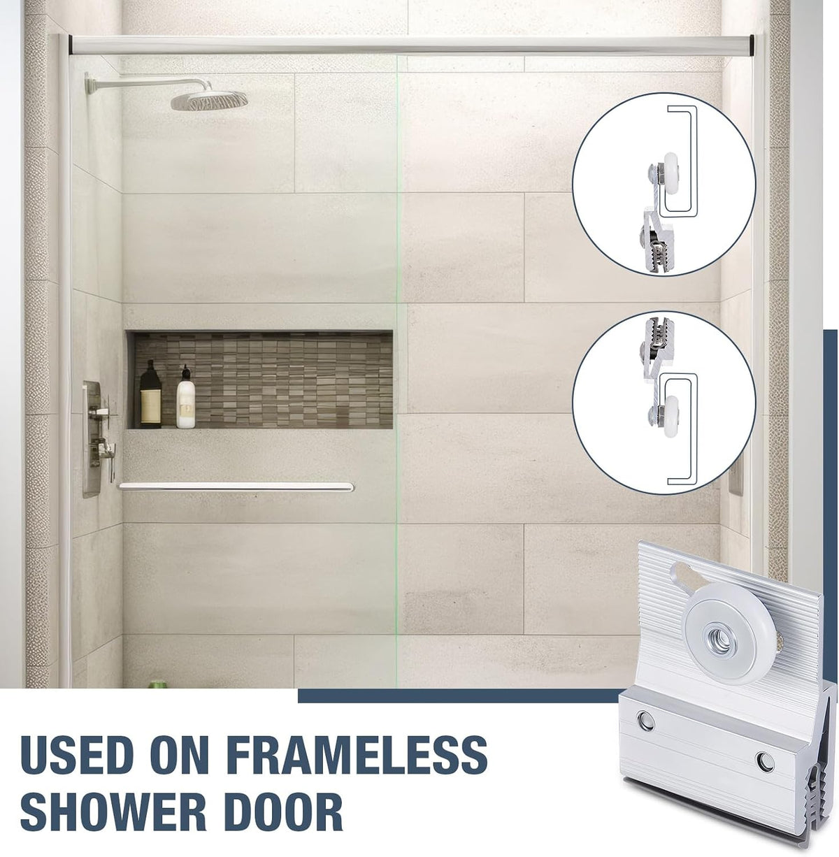 Four chrome-finished frameless shower door clamp-on top roller assemblies - detail 5