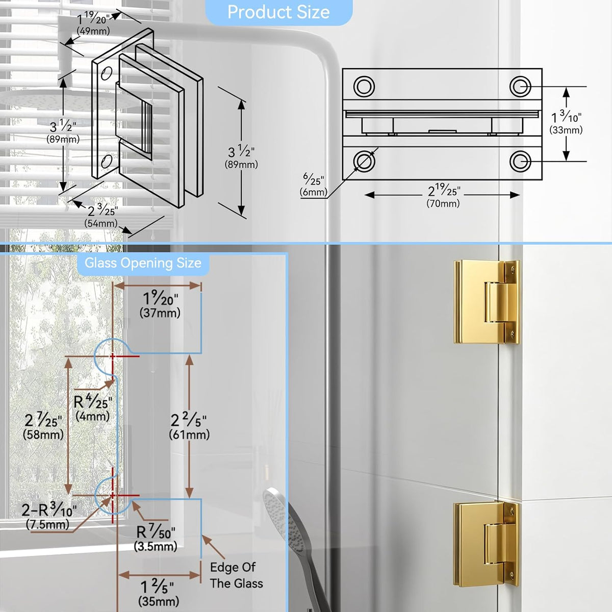 Brushed gold shower door hardware set with hinges, glass clamps and handles - detail 5