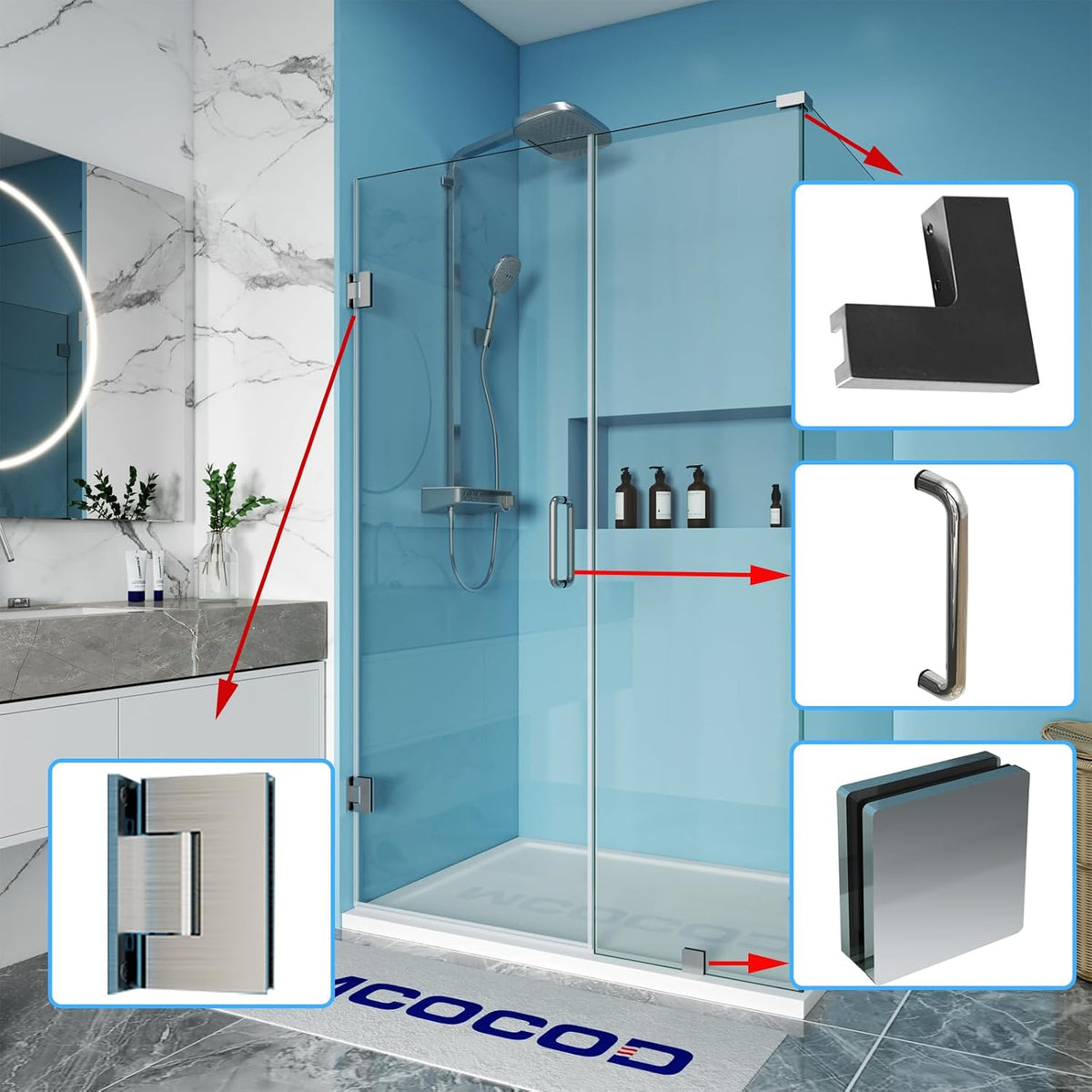 Chrome corner shower door hardware kit with hinges, clamps, connector and pull handle - detail 1