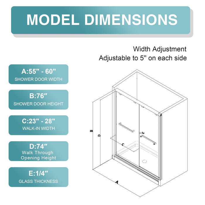 LANDOLT 55–60 in. W × 76 in. H Semi-Frameless Double Sliding Shower Door in Matte Black — Model LD-SD-075