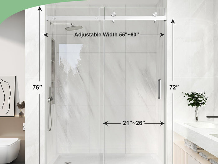 LANDOLT 55–60 in. W × 76 in. H Frameless Sliding Shower Door in Brushed Nickel — Model LD-SD-038