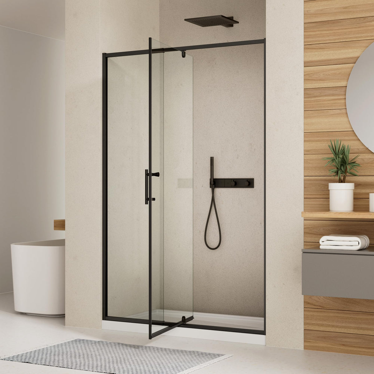 LANDOLT 56–60 in. W × 71 in. H Pivot Shower Door in Matte Black — Model LD-SD-079