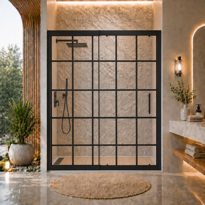 LANDOLT 56–60 in. W × 72 in. H Retractable Sliding Shower Door in Matte Black — Model LD-SD-080
