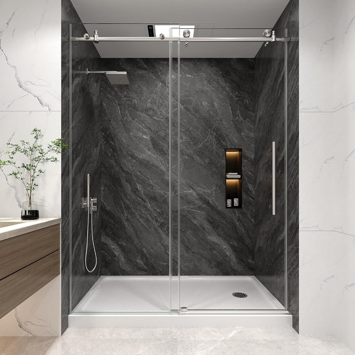 LANDOLT brushed nickel frameless sliding shower door with clear glass in a modern bathroom